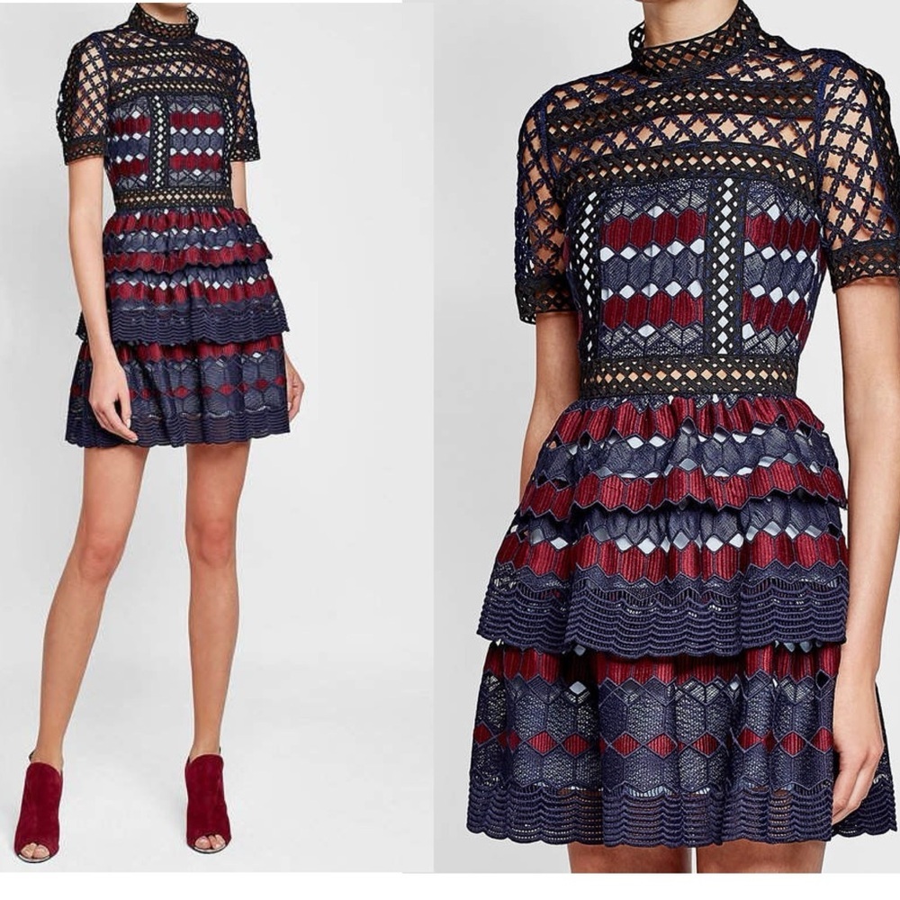Self-Portrait Hexagon Lace Mini Dress short sleeve high neck ruffle frill 4 NWOT